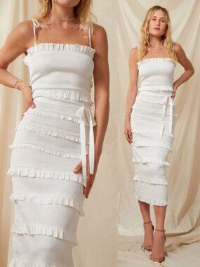V. Chapman Lily Midi Dress White Smocked Ruffle Bodycon‎ Spaghetti Strap Size 00